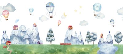 Fototapete Border seamless pattern childrens illustration with balloons, mountain landscape, trees, forest, houses in the mountains, clouds, watercolor illustration pastel gentle colors