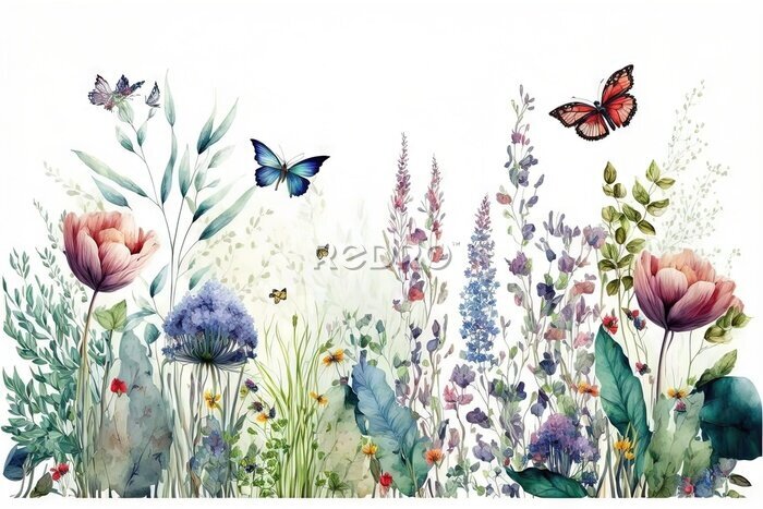 Fototapete Bordure horizontale harmonieuse avec fleurs multicolores abstraites, feuilles et plantes vertes, papillons volants. Motif isolé à l'aquarelle sur fond blanc, prairie d'été illustration panoramique.