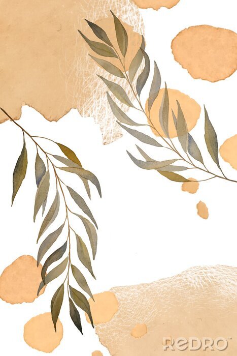 Fototapete Botanical art with abstraction elements in beige tones. Creative hand drawn texture with eucalyptus branch and leaves wall composition. Background for letterheads, business cards, postcards.
