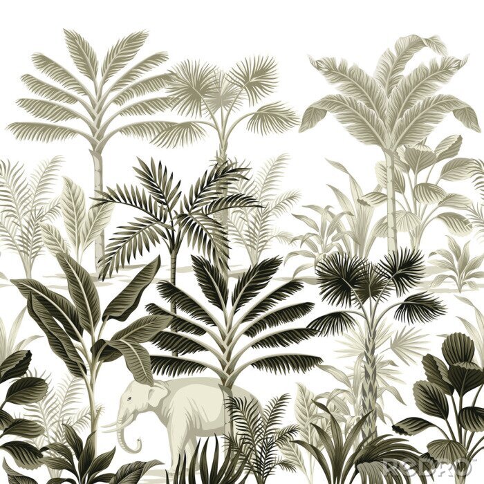 Fototapete Botanische Illustration des Dschungels im Vintage-Stil