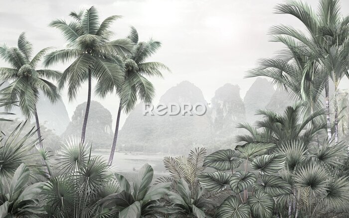 Fototapete Botanische Landschaft eines Dschungels mit Bergen im Hintergrund