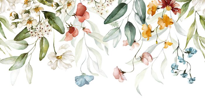 Fototapete Bouquet border - green leaves and blush pink flowers on white background. Watercolor hand painted seamless border. Floral illustration. Foliage pattern.