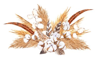 Bouquet with pampas grass, watercolor hand draw floral element in boho style, isolated on white background
