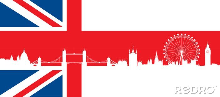 Fototapete Britische Flagge mit sehr detaillierte Silhouette Skyline von London
