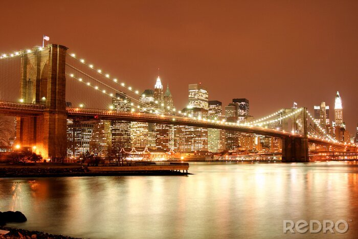 Fototapete Brooklyn und Manhattan Bridge bei Nacht