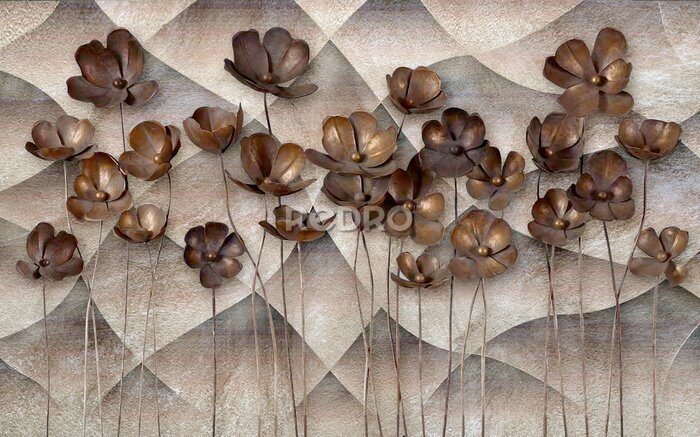 Fototapete Brown-Blumen 3D auf einem konkreten Hintergrund