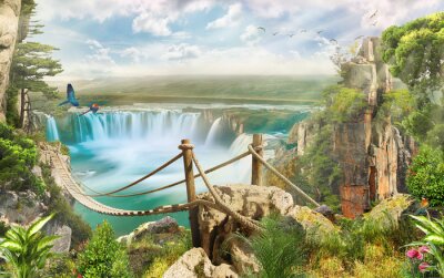 Fototapete Brücke über Wasserfall