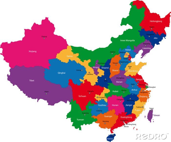Fototapete Bunte administrativen Abteilungen von China mit Hauptstädte