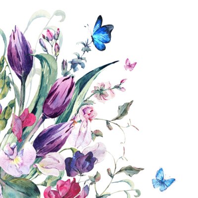 Fototapete Bunte Aquarellblumen und blaue Schmetterlinge