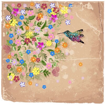 Fototapete Bunte Blumen und Kolibri auf einem Retro-Hintergrund