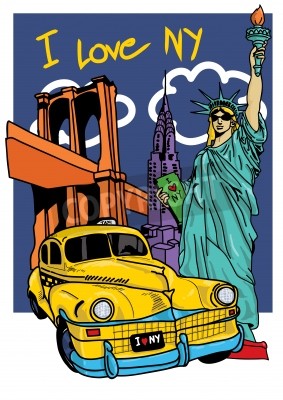 Fototapete Bunte Briefmarke mit Taxi