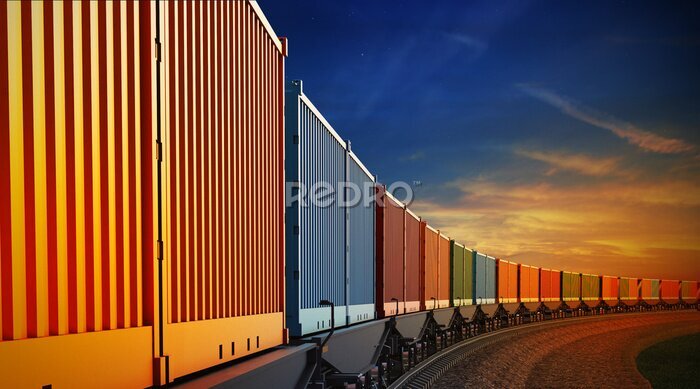 Fototapete Bunte Eisenbahnwaggons vor dem Sonnenuntergang