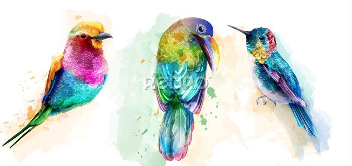Fototapete Bunte exotische Vögel mit Aquarellfarben gemalt