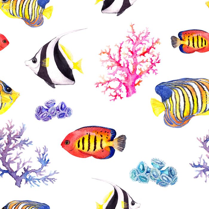 Fototapete Bunte Fische und Korallenriff auf weißem Hintergrund