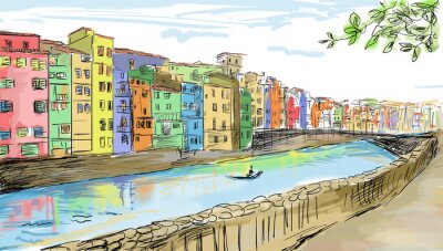 Fototapete Bunte Häuser am gemalten Kanal