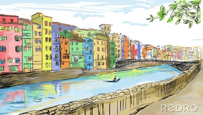 Fototapete Bunte Häuser am gemalten Kanal