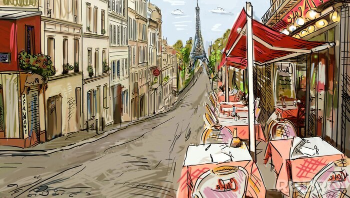 Fototapete Bunte Illustration der Gasse in Paris