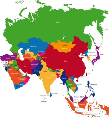 Fototapete Bunte Karte mit asiatischen Ländern