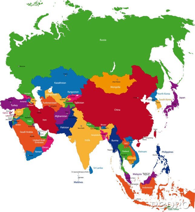 Fototapete Bunte Karte mit asiatischen Ländern