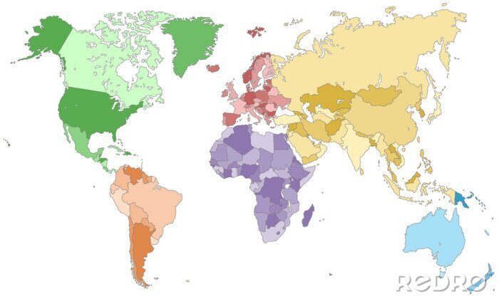 Fototapete Bunte Kontinente auf Weltkarte