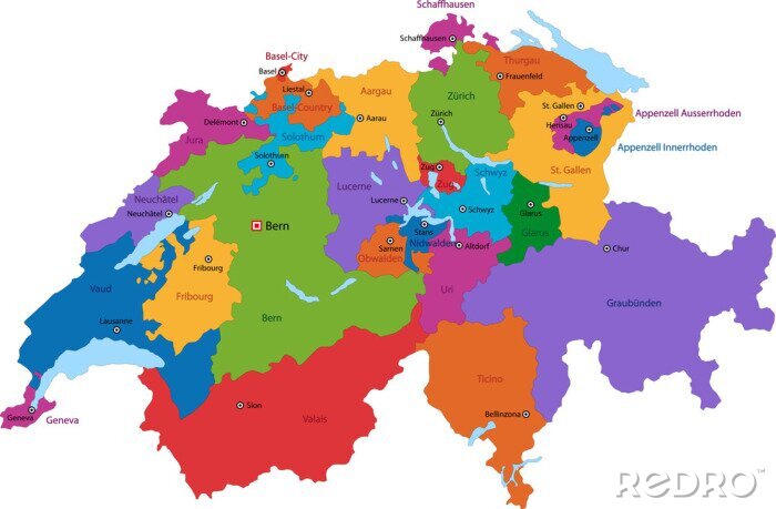 Fototapete Bunte Schweiz-Karte mit Staaten und Hauptstädte