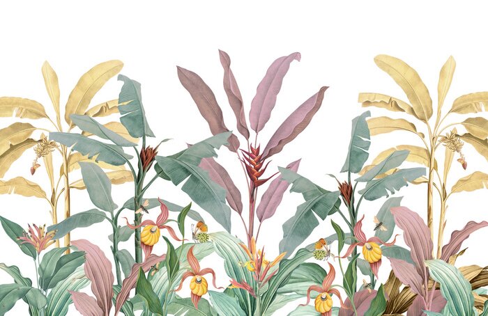 Fototapete Bunte tropische Pflanzen auf weißem Hintergrund