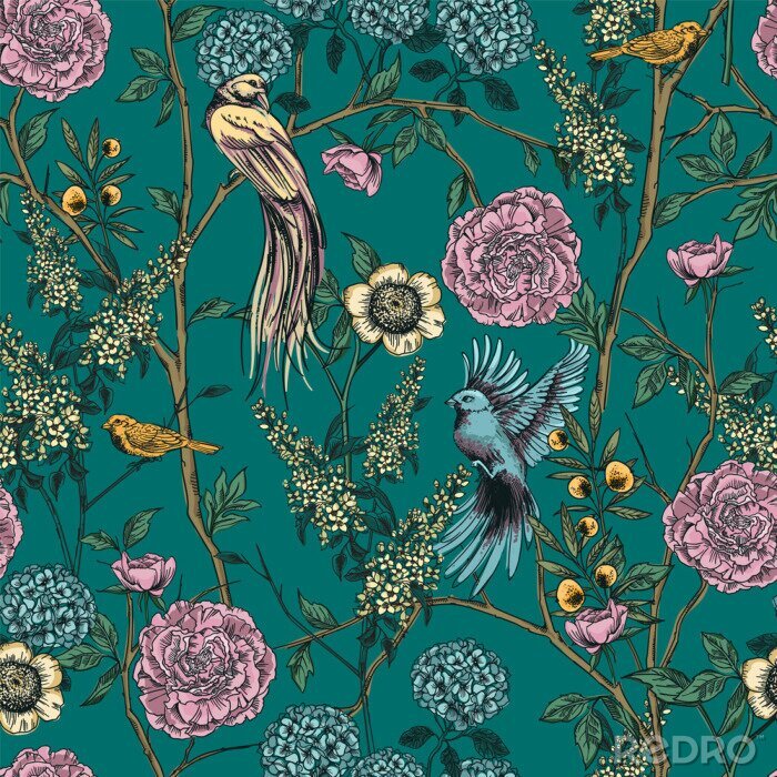 Fototapete Bunte Vögel auf Bäumen mit Blumen