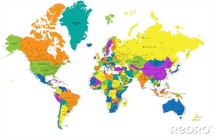 Fototapete Bunte Weltkarte mit Länderaufteilung