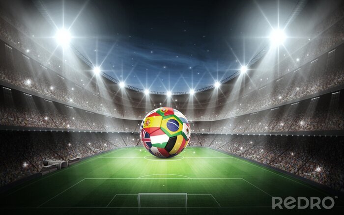 Fototapete Bunter Fußball auf beleuchtetem Fußballstadion