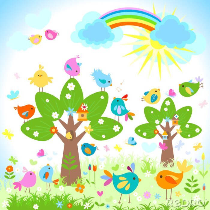 Fototapete Buntes Land mit Vögeln