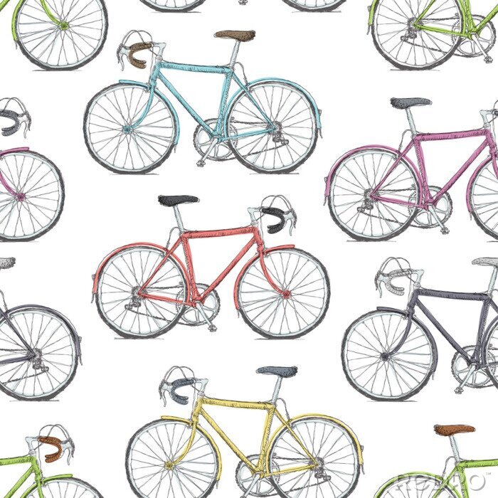 Fototapete Buntes Muster mit Fahrrädern auf weißem Hintergrund