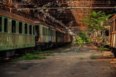 Fototapete Cargo trains in old train depot
