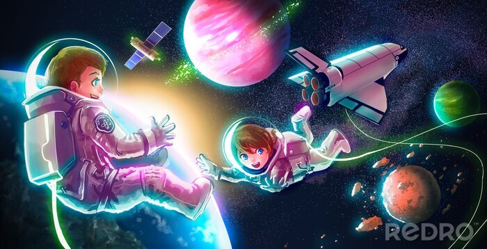 Fototapete Cartoon Astronaut Paar junge Mädchen fliegen im Weltraum Exploration und Abenteuer mit Space Shuttle Satellit Erde Planeten und Sterne im Hintergrund für Kinder Bildung Konzept