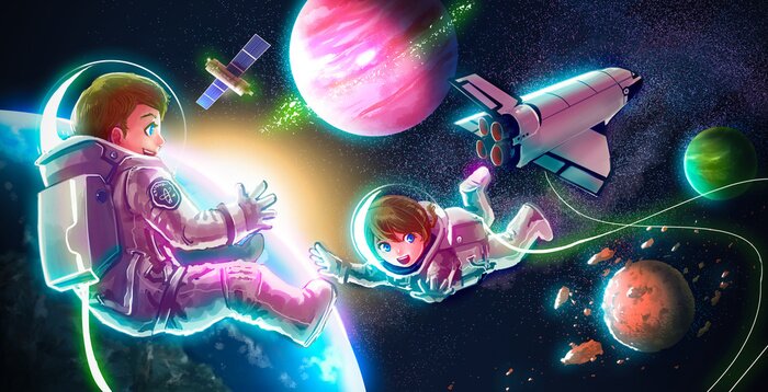 Fototapete Cartoon Astronaut Paar junge Mädchen fliegen im Weltraum Exploration und Abenteuer mit Space Shuttle Satellit Erde Planeten und Sterne im Hintergrund für Kinder Bildung Konzept