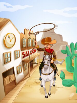 Fototapete Cartoon Cowboy auf Pferd