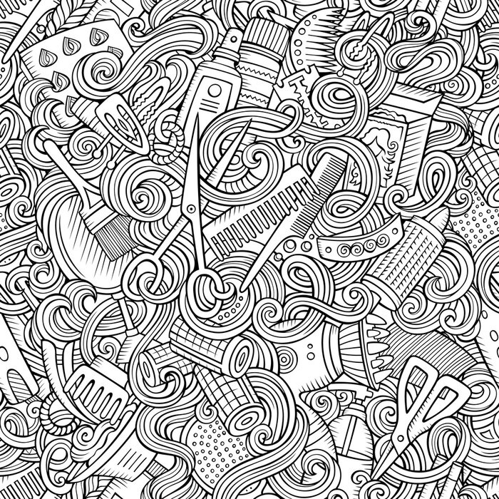 Fototapete Cartoon cute doodles hairdressing salon seamless pattern