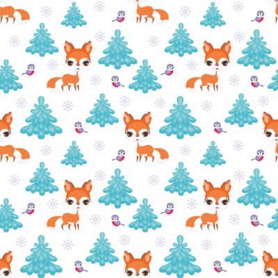 Cartoon Füchse Vögel und Tannenbäume