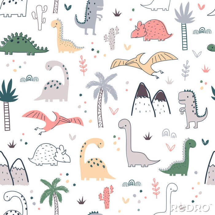 Fototapete Cartoon seamless pattern with dinosaurs and palm trees