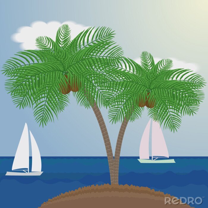 Fototapete Cartoonartige Segelboote und Palmen