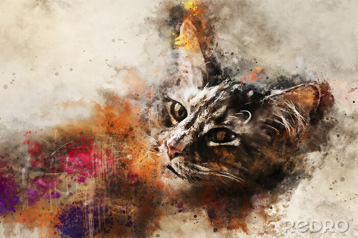 Fototapete Cat art. Beautiful abstract cat artwork - watercolor drawing, mixed media. The face of a cat in a contemporary style of abstract art.