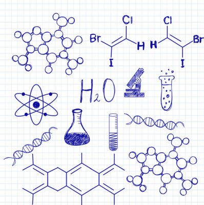 Fototapete Chemische Symbole auf einem Blatt Papier in der Schulbroschüre