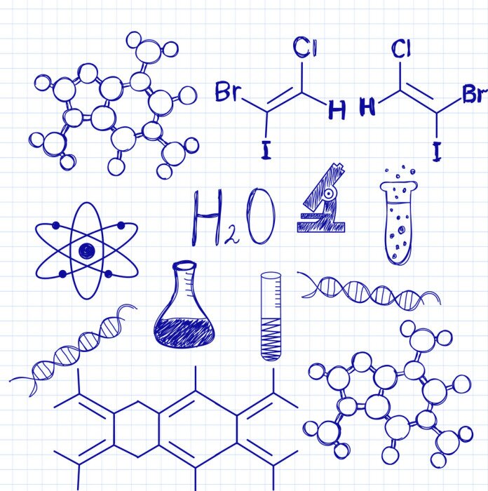 Fototapete Chemische Symbole auf einem Blatt Papier in der Schulbroschüre