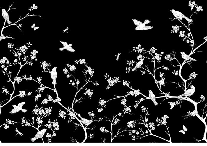 Fototapete Cherry blossom branches against the sky with sparrow, finches. Seamless pattern, background. Vector illustration. Chinoiserie, traditional oriental botanical motif. In botanical style