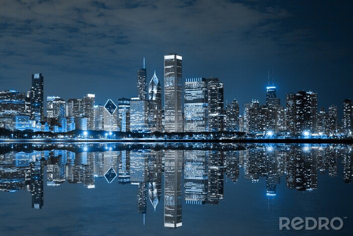 Fototapete Chicago und Panorama mit Blick auf Stadt bei Nacht