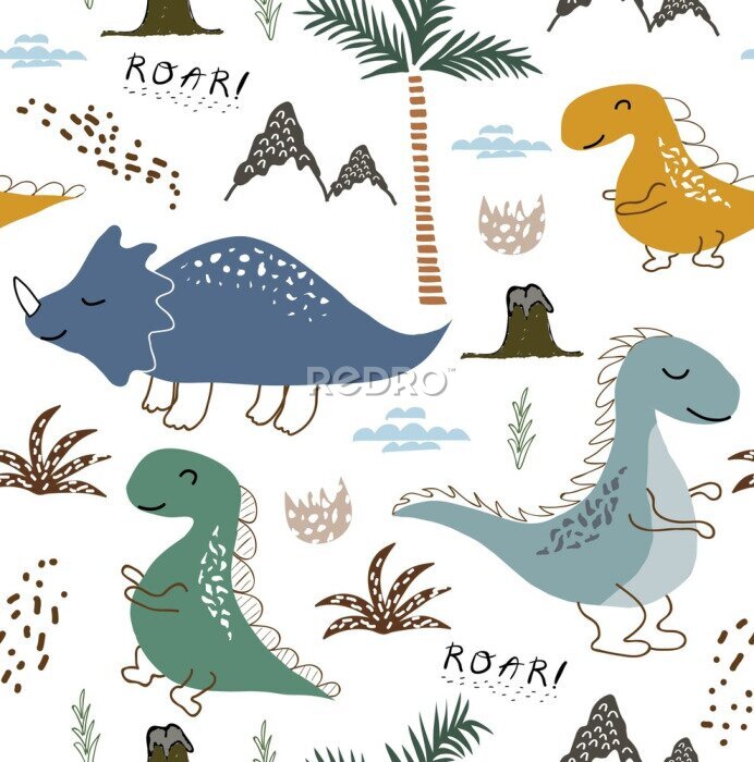 Fototapete childish dinosaur seamless pattern for fashion clothes, fabric, t shirts. hand drawn vector with lettering.