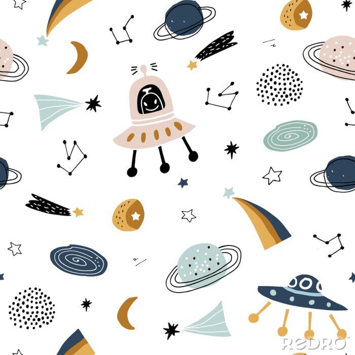 Fototapete Childish seamless pattern with aliens, ufo in cosmos. Trendy scandinavian vector background. Perfect for kids apparel,fabric, textile, nursery decoration,wrapping paper