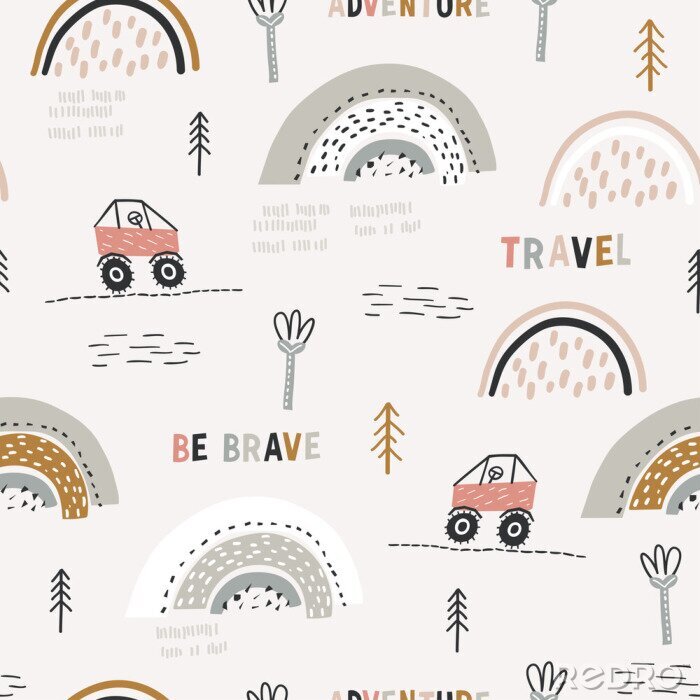 Fototapete Childish seamless pattern with doodle buggy car and hilly terrain. Background with abstract rainbows. Creative childish texture for fabric, wrapping, textile, wallpaper, apparel. Vector illustration.