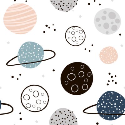 Childish seamless pattern with hand drawn space elements space, planets. Trendy kids vector background.