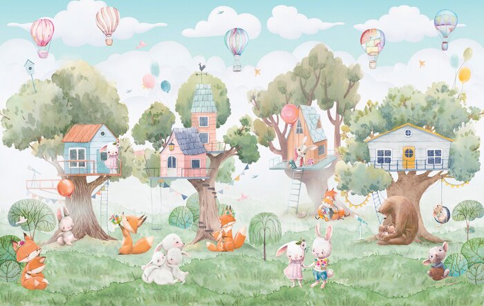 Fototapete Childish watercolor illustration with animals and balloons. Can be used for wallpapers, postcards,