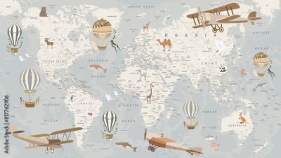 Fototapete children's retro world map with animals, balloons, airplanes on a gray background